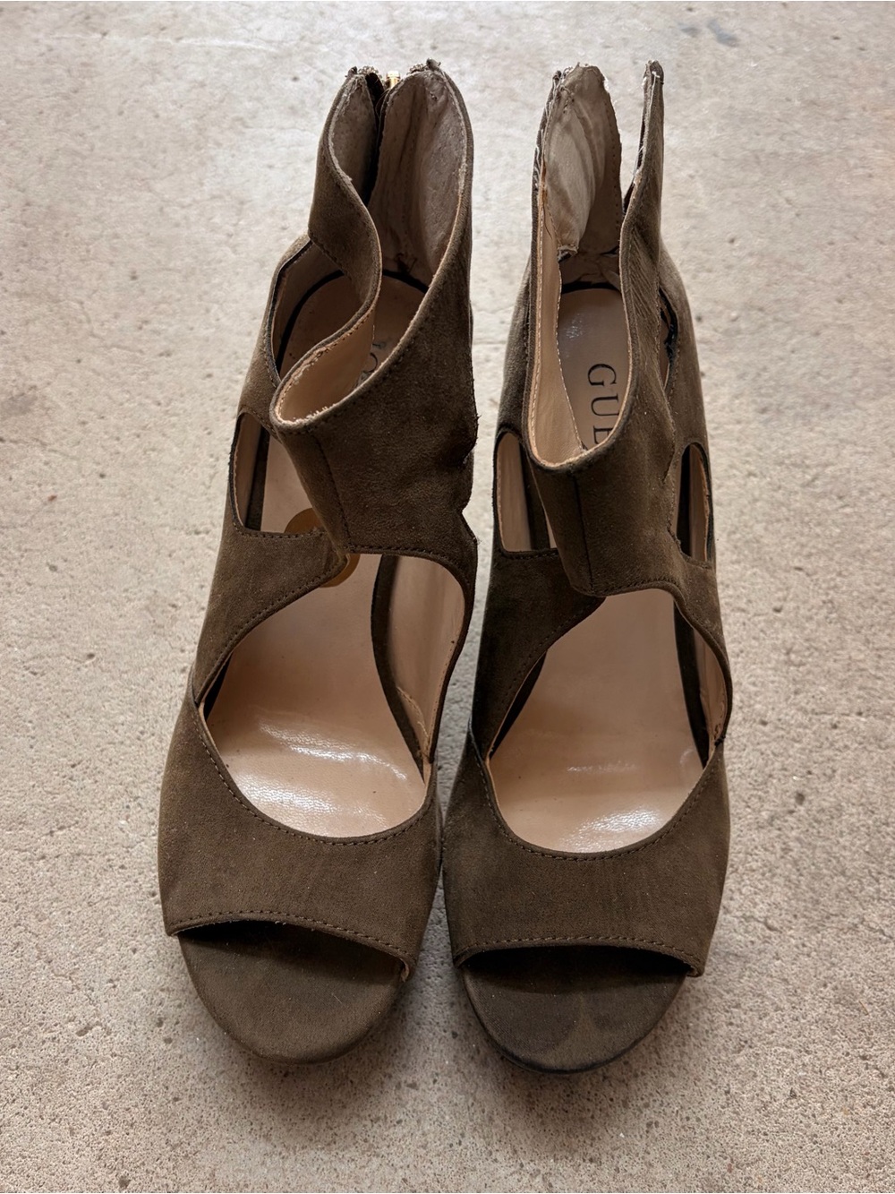 Guess Olive Brown Suede Cutout Peep-Toe Heels